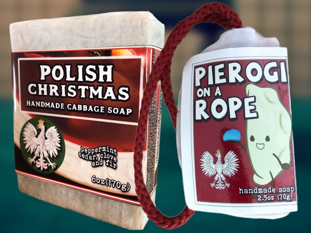 a bar of polish cabbage soap and a pierogi on a rope stocking stuffer
