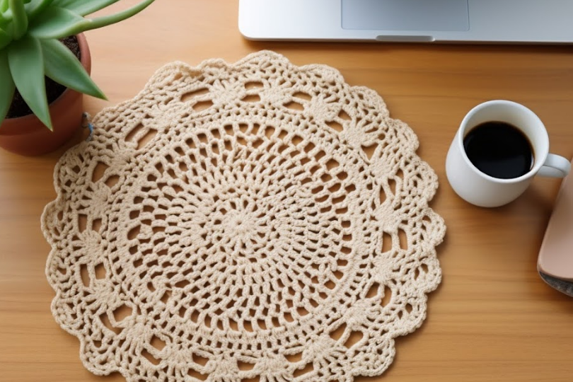 a top down photo of a doily and a cup of joe
